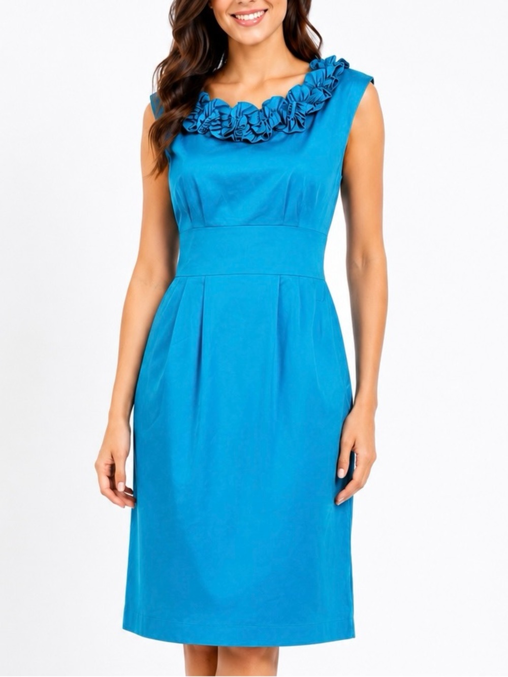 London Style Turquoise Floral Ruffle Neck Midi Dress NWT 10